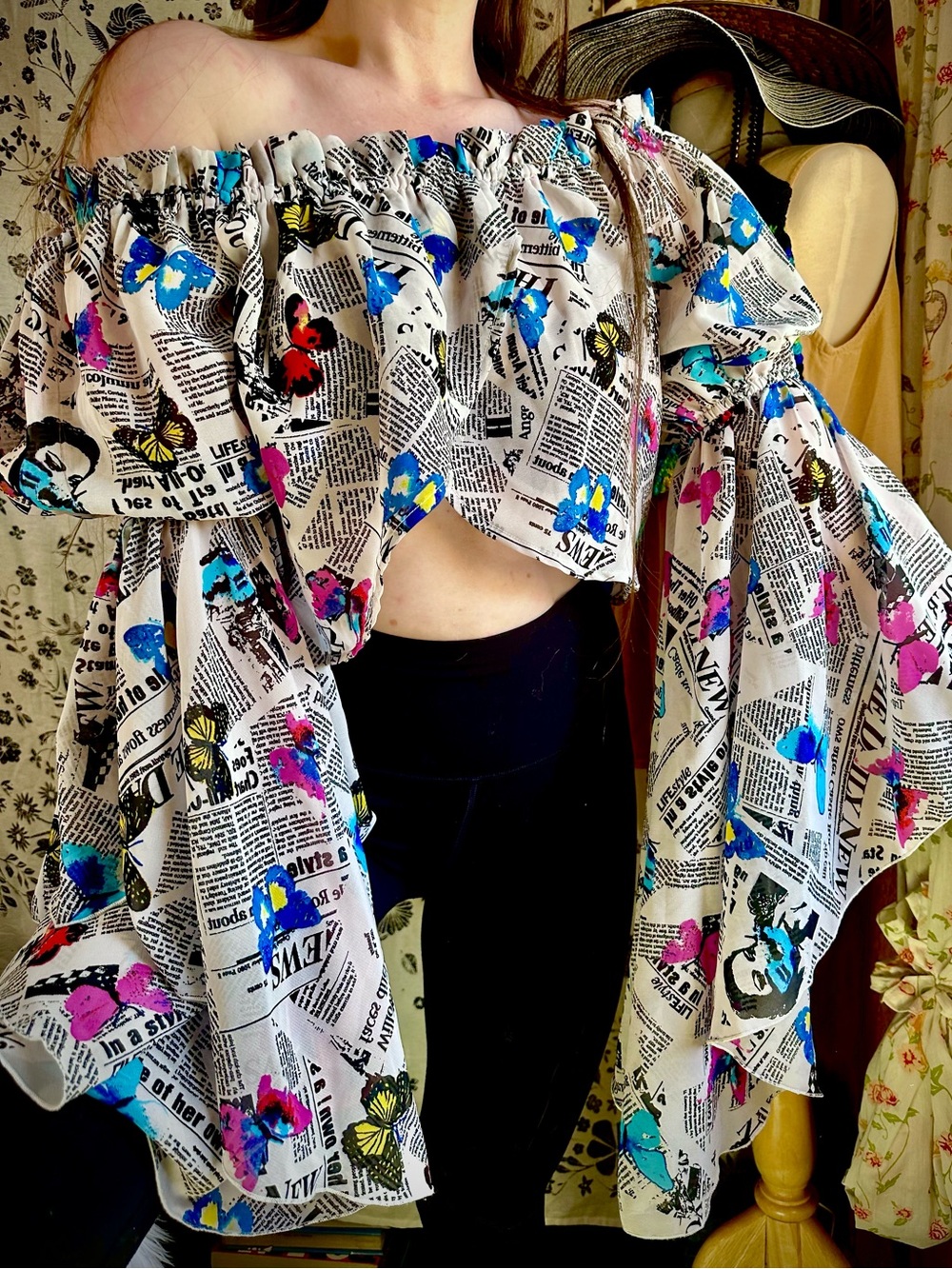 Live 4 Truth • Butterfly Newspaper Print Sheer Blouse